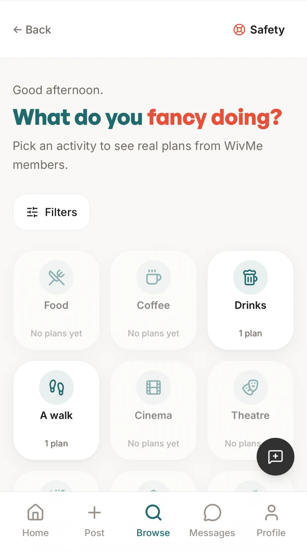 WivMe browse screen showing activity categories such as food, coffee, drinks and walking
