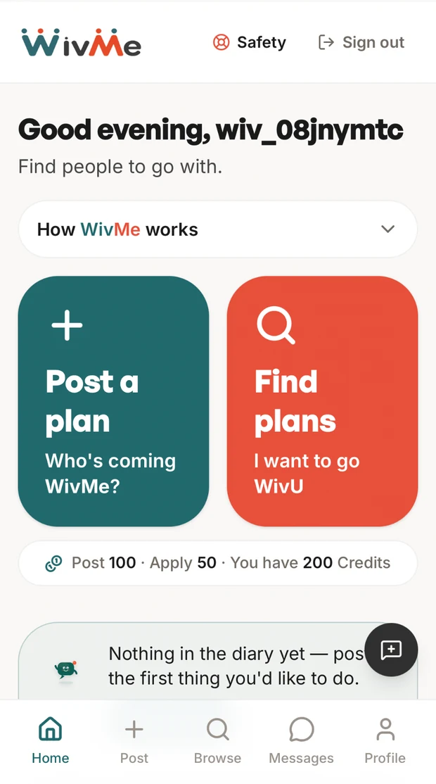 WivMe home screen with buttons to post a plan or find plans