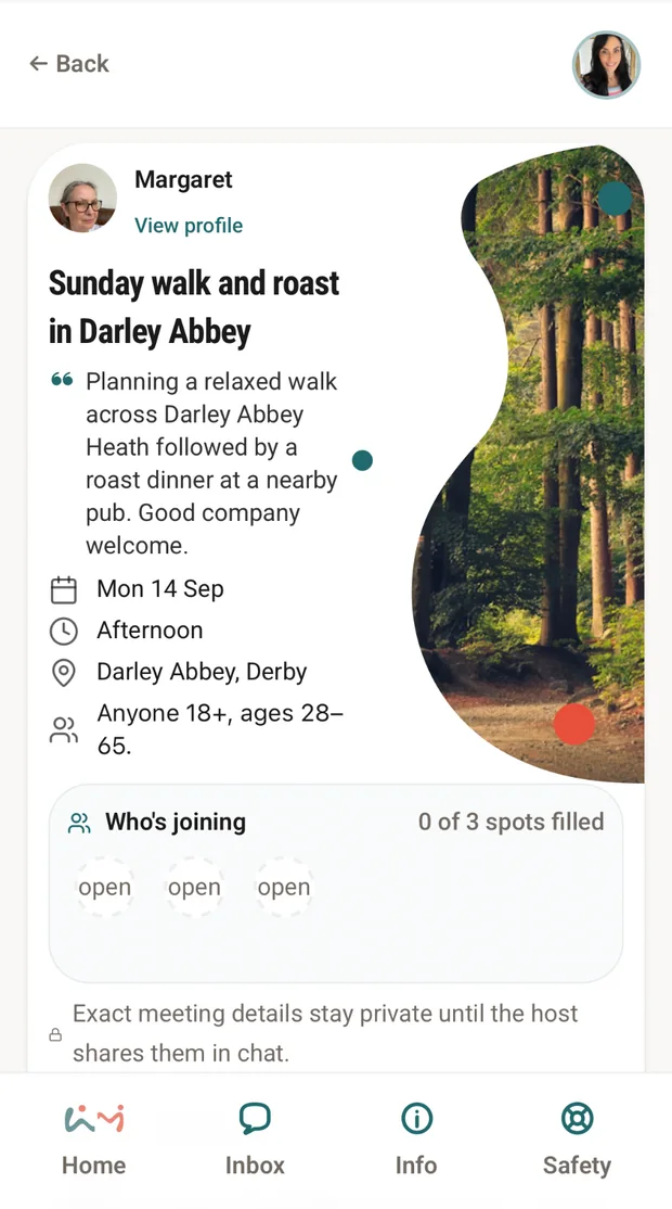 WivMe plan detail screen for a walk showing the plan description, time, location, joining spaces and private meeting-detail message