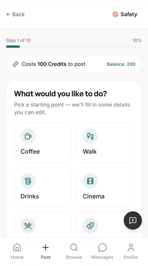 WivMe post flow asking what activity you would like to do